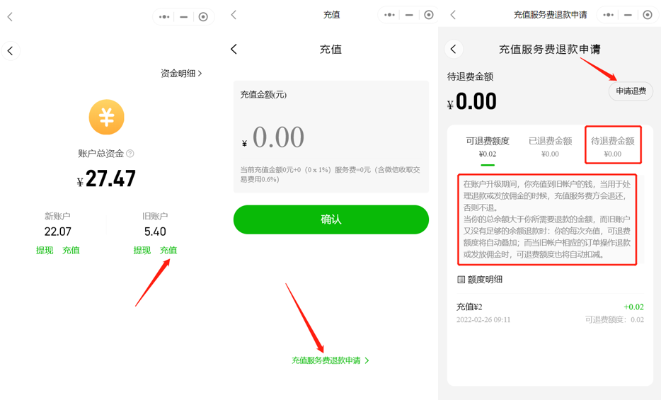 旧账户充值用于退款或发佣金时，如何操作充值服务费退款操作示意图